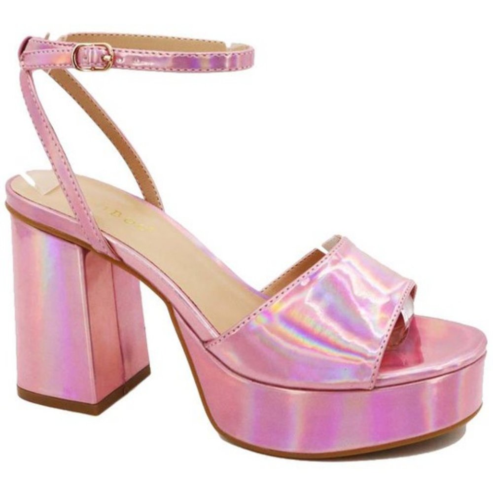 Bamboo Pink Iridescent Block High Heel Strappy Strikeout Platform Sandals NIB